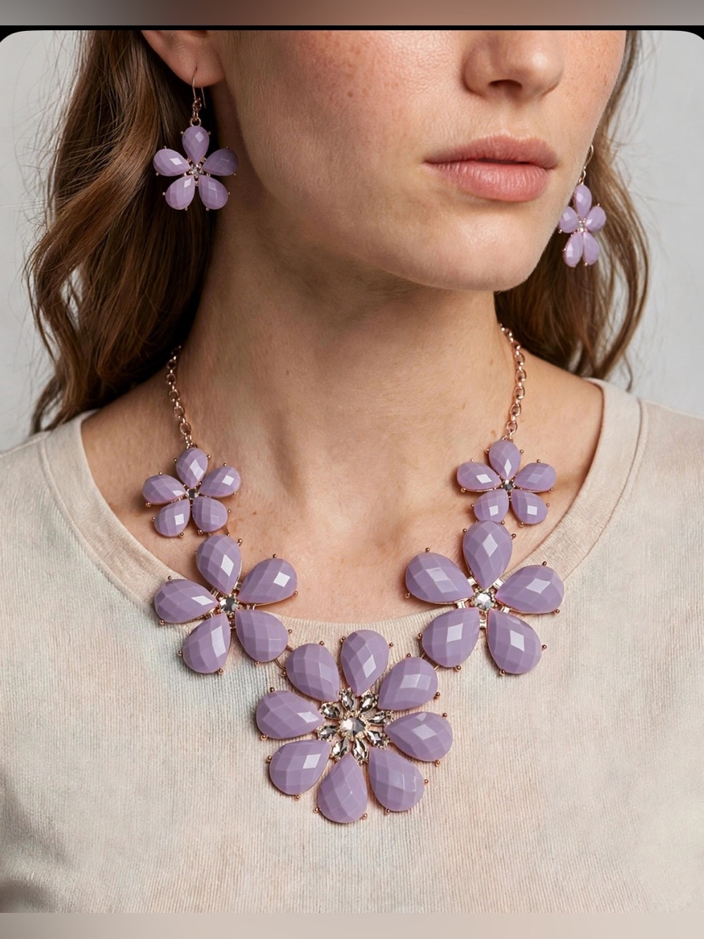 Mixit Lavender Floral Statement Necklace and Earrings Set - Gold Accents NWT